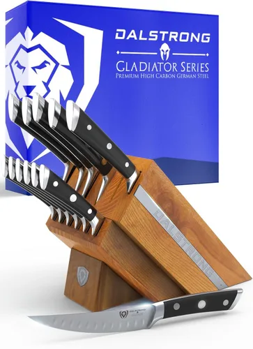 Vista 16 de DALSTRONG Juego de bloques de cuchillos – 5 piezas – Serie Gladiator – con bloque modular de varios niveles – Acero inoxidable alemán HC – Asas