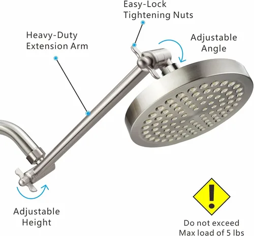 Vista 3 de Brazo de extensión de cabezal de ducha, brazo de ducha de latón macizo de 11 pulgadas con conexión universal a cabezales de ducha, fácilmente Níquel