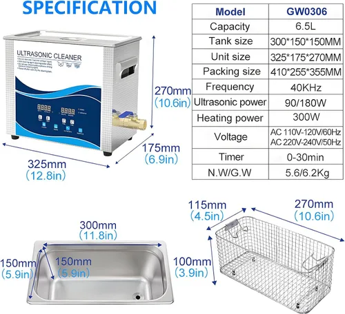 Vista 2 de Limpiador ultrasónico profesional de 6.5 L - Acero inoxidable 304 para joyas, dentaduras postizas, carburadores y monedas - Temporizador digital