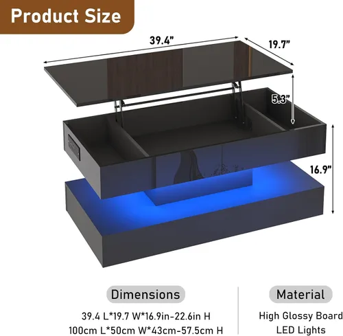 Vista 2 de 39.4" Mesa de café grande con tapa elevable, modernas mesas de café LED de alto brillo para sala de estar con almacenamiento, mesas de salón negras