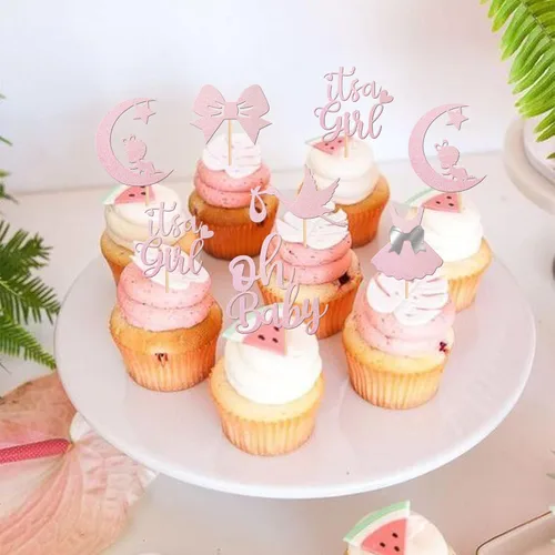 Vista 5 de 24 piezas de adornos para cupcakes con lazo con purpurina, vestido de luna Oh Baby para revelación de género, baby shower, fiesta de cumpleaños