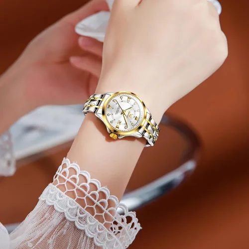 Vista 6 de OLEVS Relojes de diamante de lujo pequeños para mujer - Pulsera de acero inoxidable, impermeables, analógicos, luminosos, con fecha, relojes