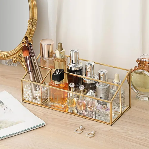 Vista 2 de Hipiwe Organizador de maquillaje para encimera, vitrina de cosméticos de vidrio dorado, soporte de almacenamiento de tocador de 3 ranuras