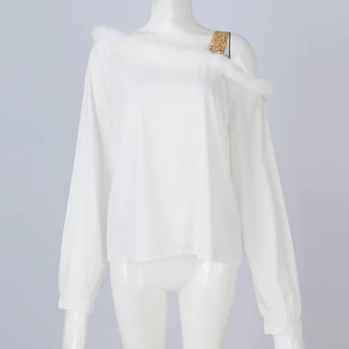 Vista 5 de GIANTHONG Sudaderas de Navidad para mujer, con hombros descubiertos, camisas de manga larga, cuello de piel, ropa de otoño e invierno