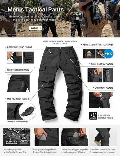 Vista 6 de CQR Pantalones tácticos para hombre, resistentes al agua, pantalones cargo Ripstop, ligeros EDC trabajo, senderismo, ropa para exteriores