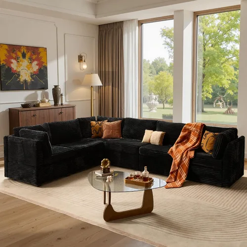 Vista 48 de Ovios - Sofá modular con diván en forma de U y otomanas, cómodo y mullido, tapizado en pana estilo nube, moderno, asiento profundo, juego de sofás