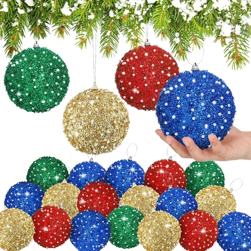 Vista 12 de Lyrow 24 piezas 3.15" Juego de adornos de bola de Navidad con purpurina, bola de espuma con lentejuelas colgante, decorativa, en masa, para árbol