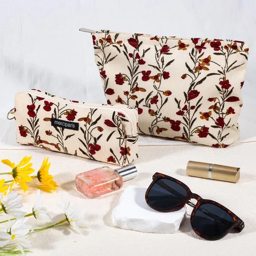 Vista 7 de Juego de 2 bolsas de maquillaje de flores con diseño floral para viajes para mujeres y niñas, bolsa de maquillaje grande con cremallera pequeña