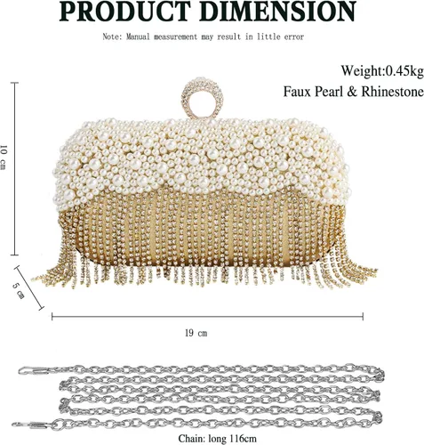Vista 3 de CORIOS Bolso de noche para mujer, bolso de mano de perlas con borlas de cristal, bolso de mano de diamantes de imitación