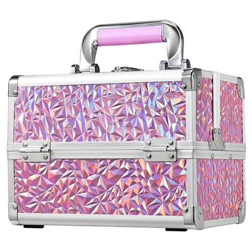 Vista 8 de FRENESSA Estuche organizador de maquillaje, caja de cosméticos, estuche portátil de maquillaje con espejo, 2 bandejas, caja de tocador de viaje