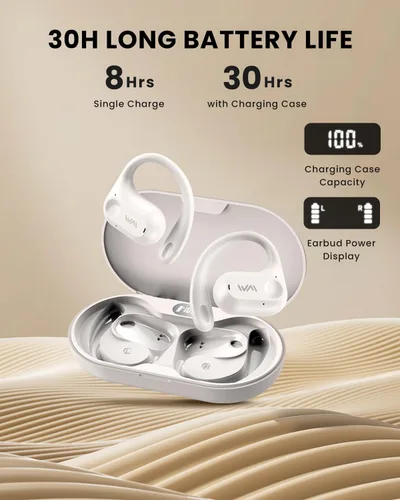 Vista 5 de Auriculares de oreja abierta, auriculares inalámbricos Bluetooth 5.3 con conducción de aire, ajuste cómodo y seguro, graves potentes, llamadas Beige