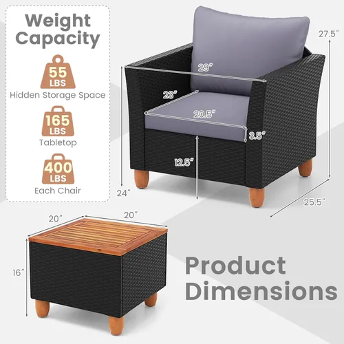 Vista 8 de COSTWAY Juego de muebles de ratán de 3 piezas, juego de sillas de mimbre para exteriores con mesa de centro de madera de acacia y cojín lavable