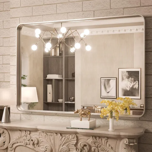 Vista 82 de TokeShimi Espejo de pared de baño de níquel cepillado de 20 x 30 pulgadas, marco de metal, esquina redonda, rectangular, para decoración del hogar