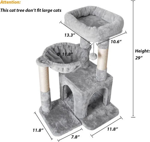 Vista 2 de Pesofer - Árbol para gatos, torre pequeña para gatos con poste de rascar de sisal y hamaca, gris claro