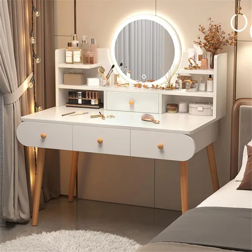 Vista 10 de Tocador con espejo iluminado, estilo simple, moderno, estándar, escritorio de madera, 2 cajones, tocador de maquillaje para dormitorio, vestidor