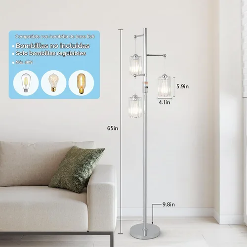 Vista 6 de Lámpara de pie moderna de cristal para sala de estar, lámpara de pie regulable de 3 luces, lámpara de árbol industrial plateada con pantalla