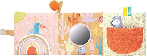 Vista 5 de Manhattan Toy Libro de actividades suave con temática de llama para bebés con chirriador, papel arrugado y espejo seguro para bebés, pequeño