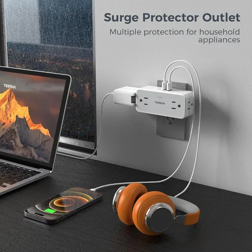 Vista 4 de TESSAN 4 - Divisor de salida de enchufe múltiple, extensor de salida de pared con 3 cargadores de pared USB (1 USB C), protector de sobretensiones
