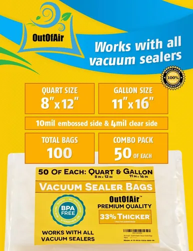 Vista 11 de 150 bolsas selladoras al vacío: 50 pintas (6" x 10"), 50 cuartos (8" x 12"), 50 galones (11" x 16") por OutOfAir - Funciona con FoodSaver y otros