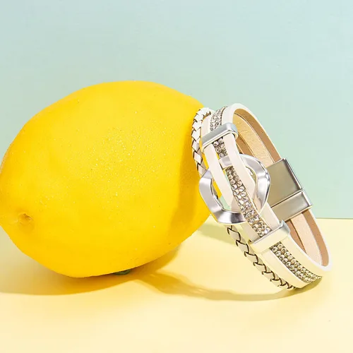 Vista 4 de FANCY SHINY Pulsera de cuero con diamantes de imitación circular, apilable, multicapa, con cierre, joyería bohemia, regalo para mujer