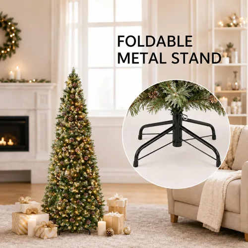 Vista 7 de 4.5 ft Frosted Artificial Pencil Christmas Tree with Pine Cones PVC foliage, hinged branches, foldable stand, indoor holiday decor for apartments