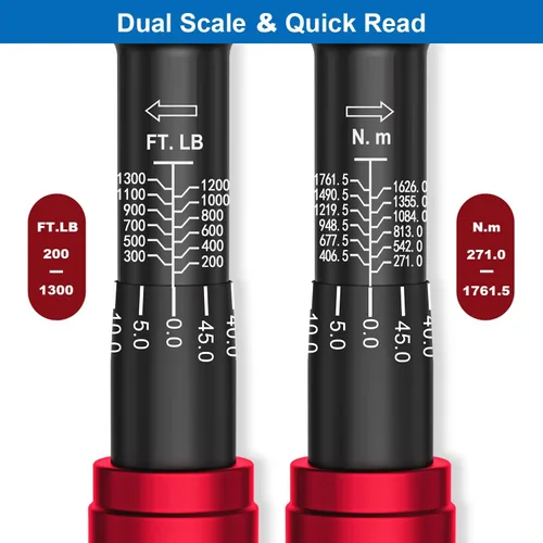 Vista 6 de SUERCUP Llave dinamométrica de clic de 1 pulgada, 200-1300 pies-Lb/271-1761.5Nm Heavy Duty, ±3% Accuracy Torque Wrench, Professional, Dual