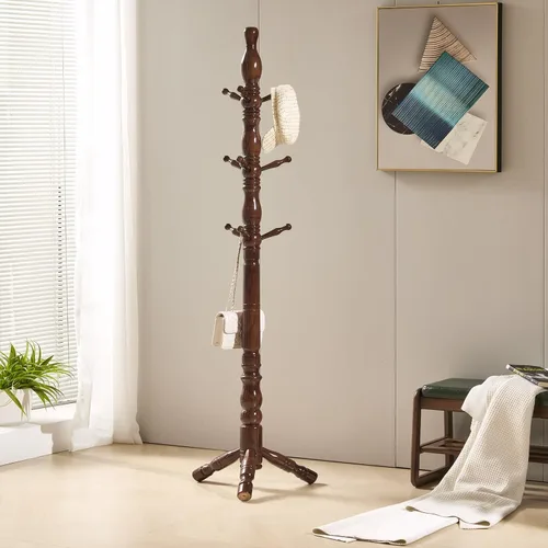 Vista 2 de Perchero de madera natural con 3 opciones de altura y 9 ganchos, fácil de montar, árbol de pasillo independiente para el hogar, oficina, entrada