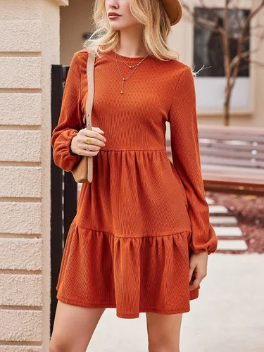 Vista 4 de CUPSHE Minivestido tipo suéter con cuello redondo y manga larga de obispo Naranja quemado