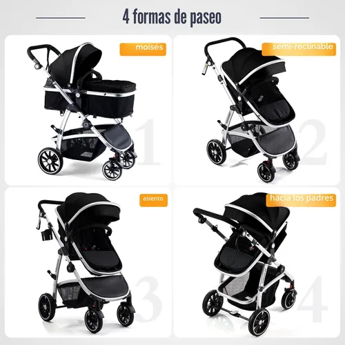 Vista 2 de Hagaday Cochecito de bebé, asiento reversible 2 en 1 para niños pequeños con modo moisés, cochecito infantil plegable con toldo, freno de un botón