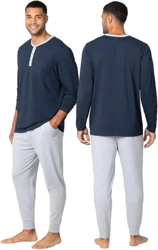 Vista 2 de PajamaGram Ringer Tee Men's Sleepwear - Men Pajamas Set, Henley Top & Joggers