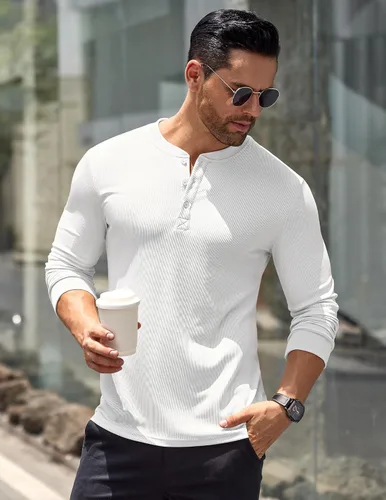 Vista 5 de COOFANDY Camisas Henley de manga larga para hombre, camisetas elásticas acanaladas, camisetas básicas casuales de moda