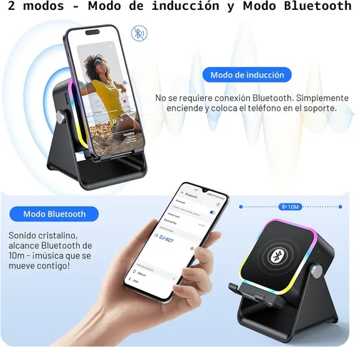 Vista 3 de Altavoz de inducción con soporte para teléfono 5 en 1 Audio inalámbrico de inducción Bluetooth para iPhone Android Altavoz con amplificador con luz