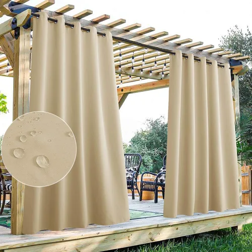 Vista 29 de StangH Cortinas para exteriores beige impermeables, tela gruesa, bloqueo de luz, cortinas opacas para patio con ojales en la parte superior