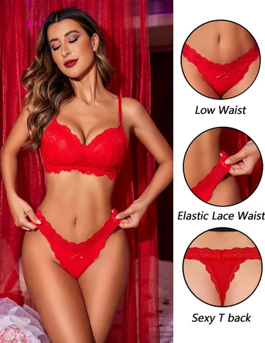 Vista 4 de Avidlove Paquete de tangas de encaje para mujer, ropa interior acanalada sexy con espalda en T para mujer