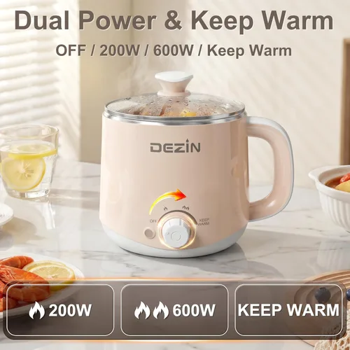 Vista 4 de Dezin - Olla caliente eléctrica, cocina rápida de fideos, mini olla de acero inoxidable perfecta para ramen, huevos, pasta, bolas de masa hervida