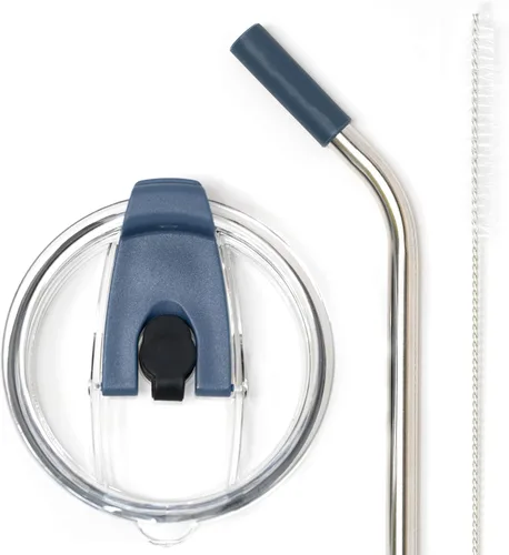 Vista 6 de Tapa de vaso a prueba de derrames con popote de acero inoxidable en ángulo + popote de silicona + cepillo de limpieza para vasos Yeti Rambler u Negro