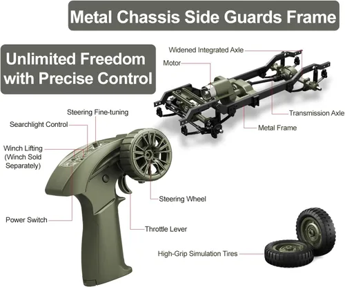 Vista 4 de Camión militar RC Rock Crawler, 1:10 4WD Off-Road Control remoto Jeep militar con cabrestante, lona y 2 baterías, vehículo de escalada militar todo