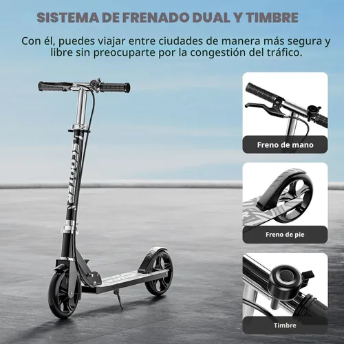 Vista 2 de Patinetes para niños de 8 a 12 años, adolescentes y adultos, ligeros, plegables, ruedas grandes de 8 pulgadas, freno de mano y campana, 4 niveles