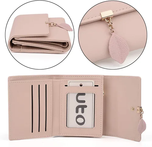 Vista 98 de UTO - Cartera pequeña RFID de piel sintética con dije de hoja, cierre de cremallera y tarjetero.