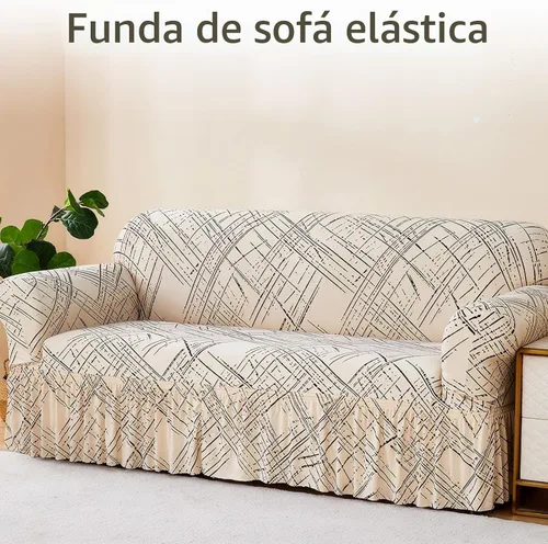 Vista 2 de Funda estampada para sofá biplaza de fácil ajuste, antideslizante, lavable, elástica, protector de muebles moderno, a la moda, línea beige