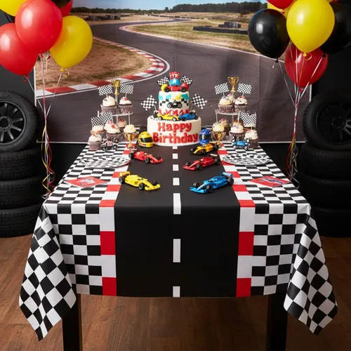 Vista 6 de Oigco Paquete de 4 manteles rectangulares de auto de carreras, decoración de fiesta de cumpleaños de auto de carreras, mantel rectangular a cuadros