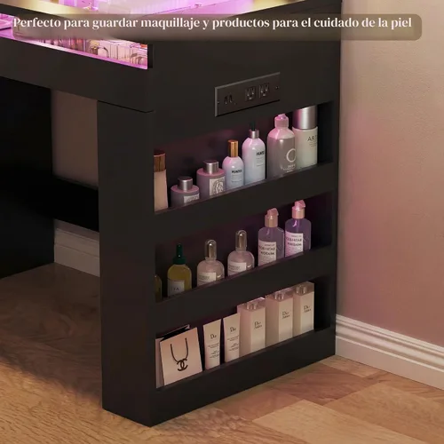 Vista 8 de HUAHUU Escritorio de tocador con espejo iluminado y parte superior transparente, escritorio de tocador de maquillaje con 4 cajones transparentes e