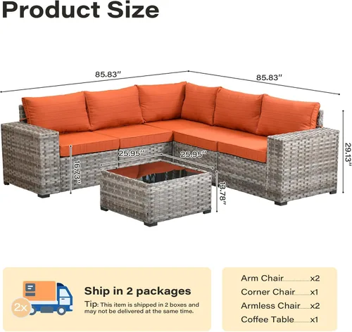 Vista 2 de Juego de muebles de patio de 6 piezas, sofá modular de mimbre para exteriores con mesa auxiliar, cómodos cojines, moderno sofá modular de ratán