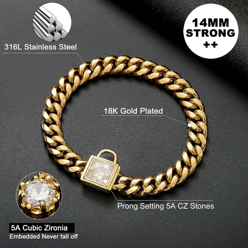 Vista 3 de Collar de cadena para perro con cierre de circonita cúbica de 0.551 in, acero inoxidable, chapado en oro de 18 quilates, cadena cubana
