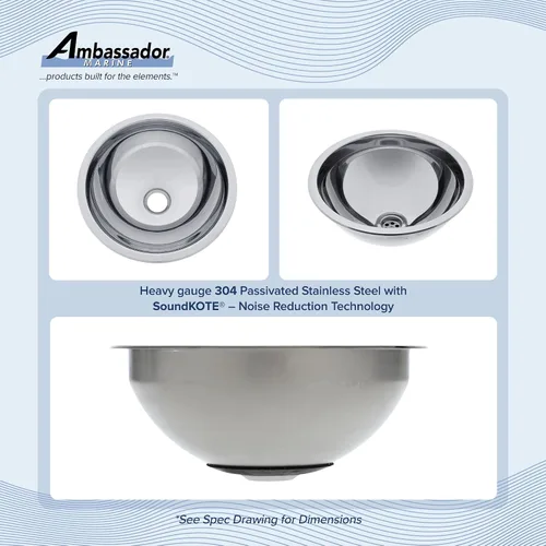 Vista 2 de AMBASSADOR MARINE GRADE 304 Fregadero de media esfera de acero inoxidable, 11-1/2 pulgadas de diámetro. x 4 1/2 pulgadas de profundidad, acabado