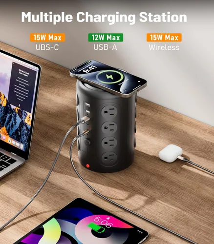 Vista 4 de Torre de tira de alimentación con protector de sobretensión, TenTrend con 16 tomas de corriente y 5 puertos USB (2 USB-C), estación de carga de 2000