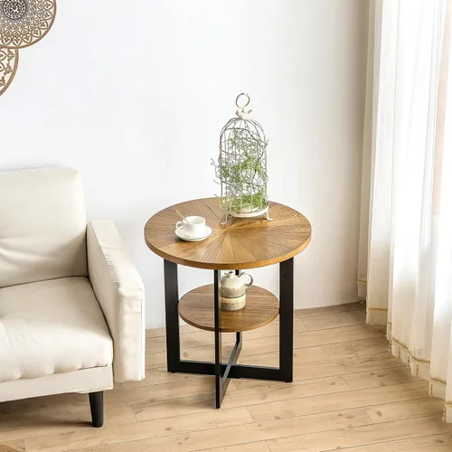 Vista 7 de Mesa de café redonda, mesa de café circular de madera de 35" con estante de almacenamiento, mesa central de 2 niveles para sala de estar