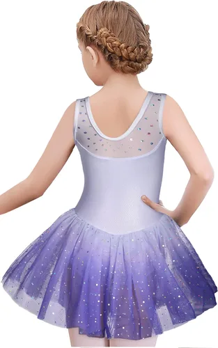 Vista 2 de EQSJIU Leotardo de ballet con falda tutú para niñas, para baile, gimnasia, niños pequeños, vestido de fiesta con copos de nieve brillantes