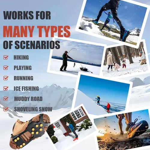Vista 5 de Tacos de hielo para zapatos y botas, agarre de tacos de tracción de nieve de hielo, pinzas antideslizantes para zapatos, 10 picos de goma de acero