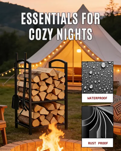 Vista 6 de Breeze Touch Estante de leña de 29 pulgadas con 4 herramientas para chimenea, soporte de troncos resistente de 5 piezas para chimenea
